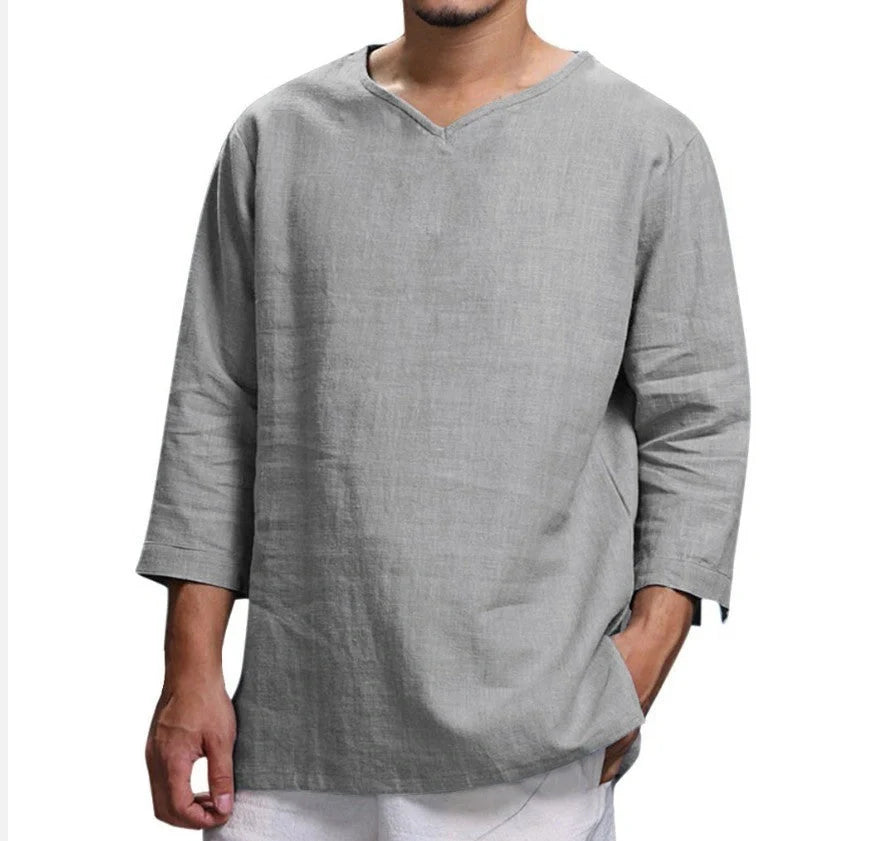 Versatile linen-blend men's v-neck pullover shirt in various colours and sizes
