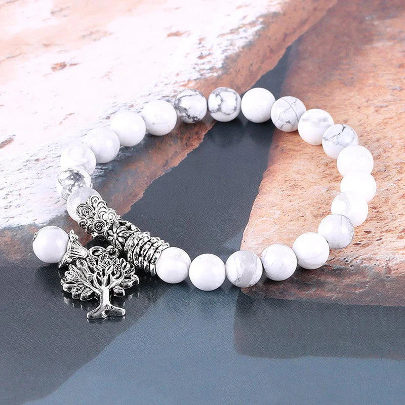 Vintage frosted white pine bead bracelet with 8mm white turquoise beads