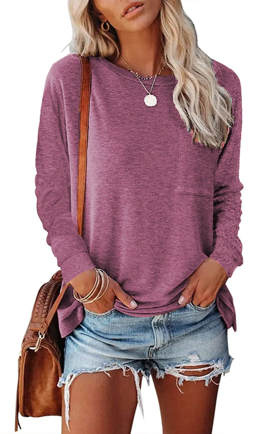A long-sleeved cotton-polyester blend T-shirt in a variety of classic and on-trend colours, featuring a stylish chest pocket design.