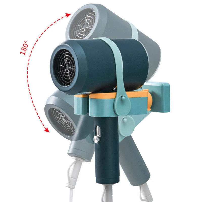 Wall-mounted hairdryer rack with silicone fixing belt and 180° rotation