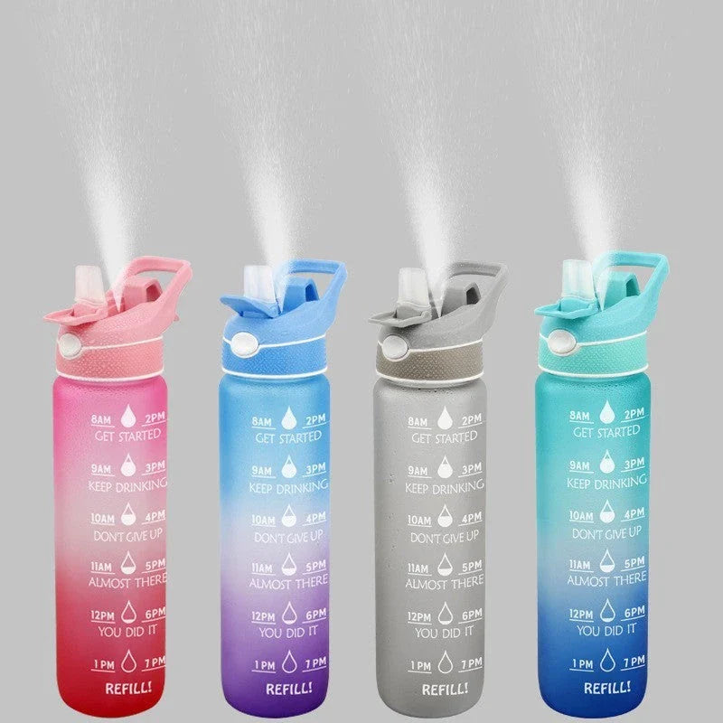 Convenient sports water bottle with straw and sprayer for hydration and cooling on-the-go