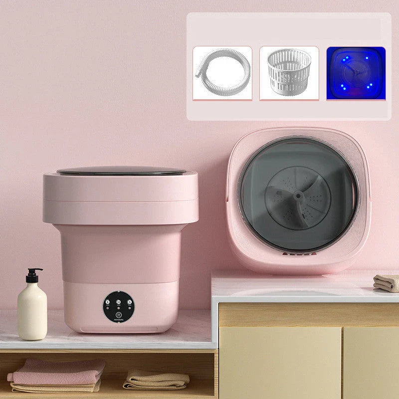 Compact folding washing machine for small spaces and travel, featuring a lightweight, portable design with powerful cleaning capabilities