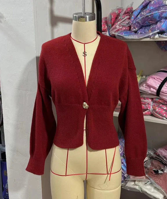Women's V-neck Button Cardigan Knitted Sweater in brown and black