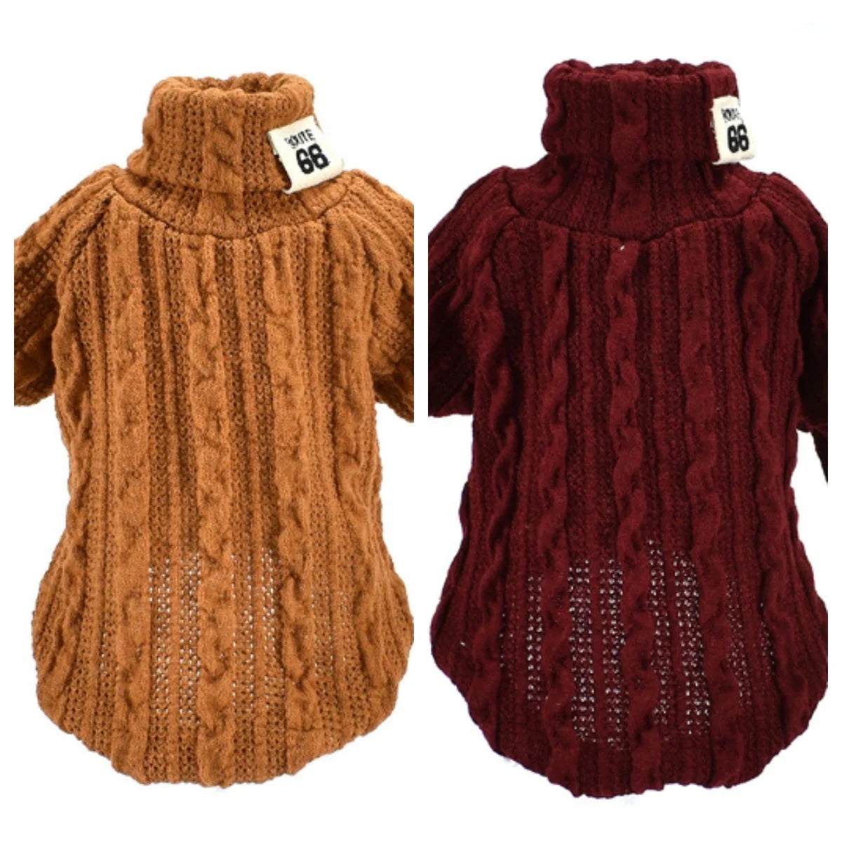 Dog wearing a warm acrylic turtleneck sweater in various colours, suitable for small to medium breeds.