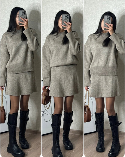 Sophisticated two-piece knit jumper and mini skirt set in a range of classic colours