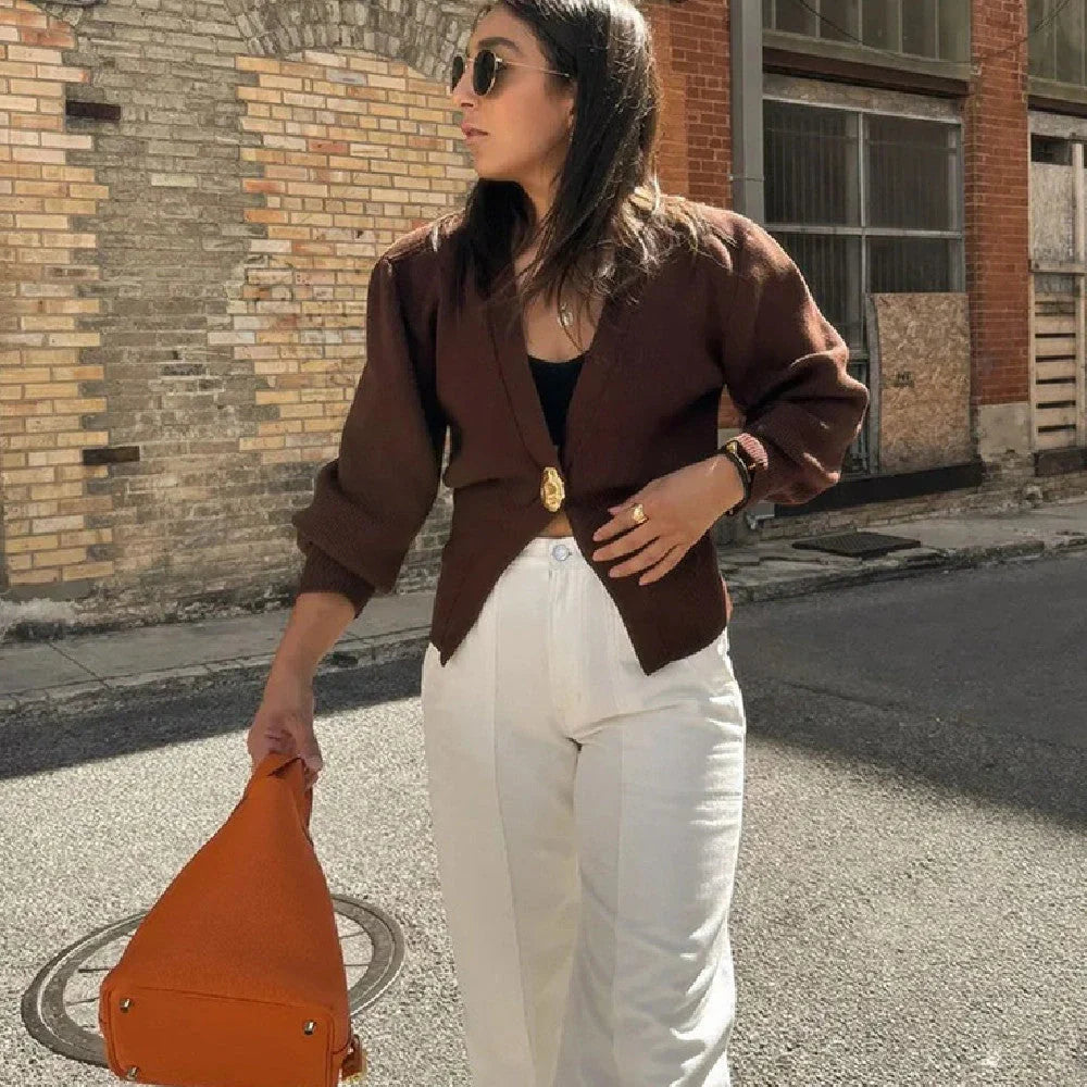 Women's V-neck Button Cardigan Knitted Sweater in brown and black