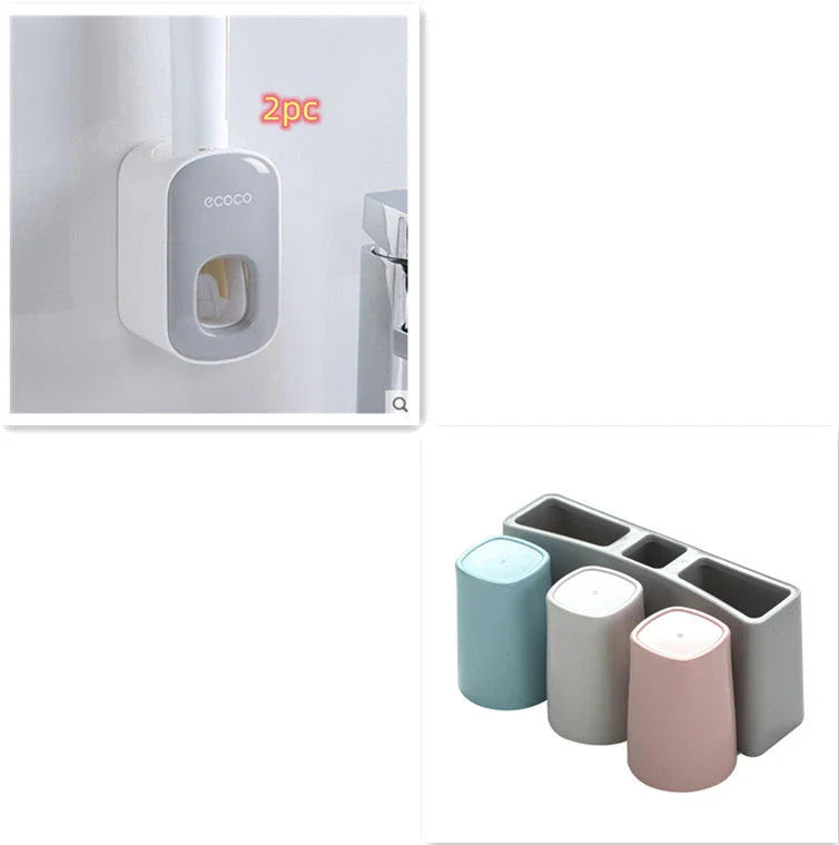 Wall-mounted automatic toothpaste dispenser with storage cups for toothbrush and bathroom accessories