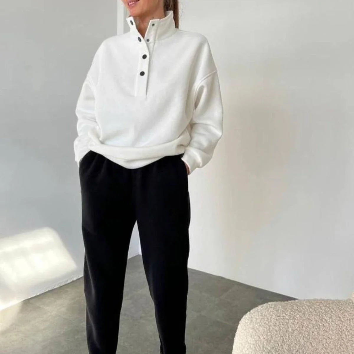 Oversized cotton blend pullover and pant set in neutral colors for comfortable, stylish everyday wear