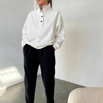 Oversized cotton blend pullover and pant set in neutral colors for comfortable, stylish everyday wear