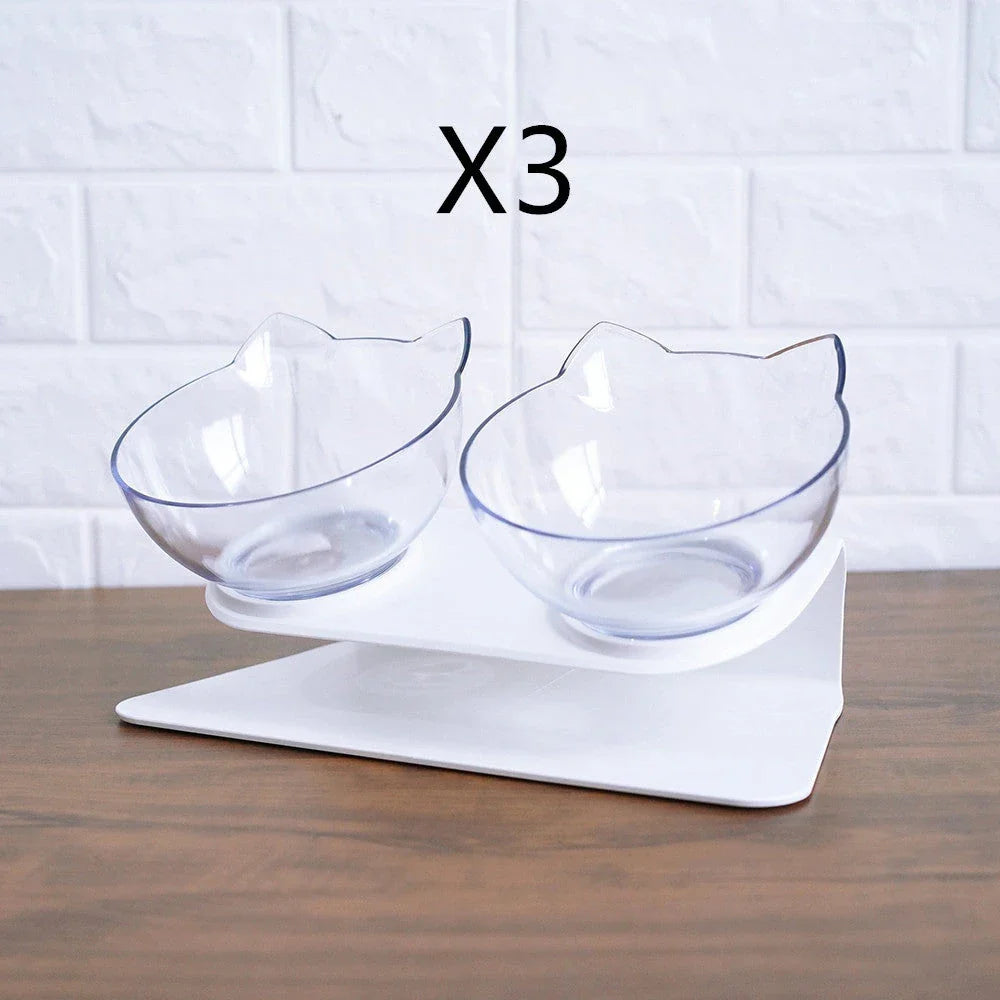 Elevated tilted pet bowl with non-slip stand in transparent, white, and black color options