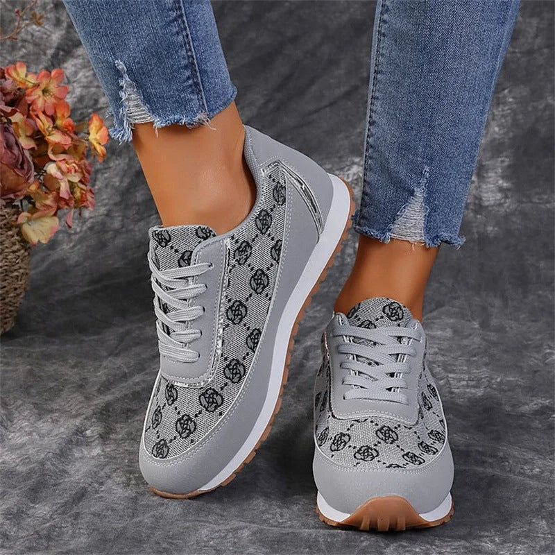 Women's floral print lace-up sneakers in grey and camel colours