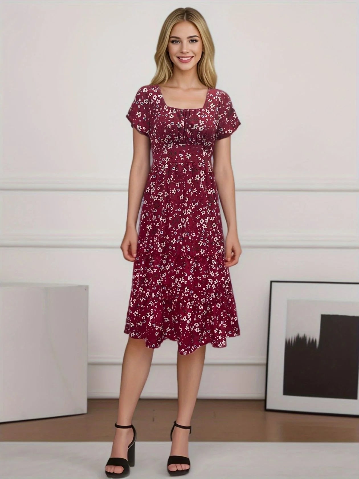 Elegant floral puff sleeve midi dress in various colours and patterns