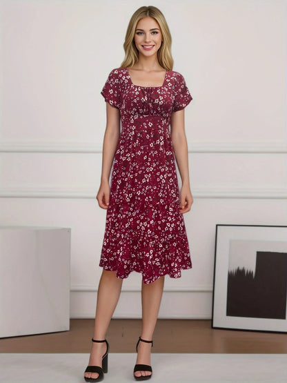 Elegant floral puff sleeve midi dress in various colours and patterns