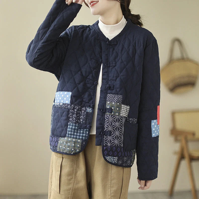 Vintage patch cardigan with rhombus pattern and buckle details in yellow and blue