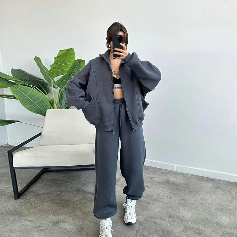 Premium activewear set with zipper cardigan and drawstring joggers in various colours