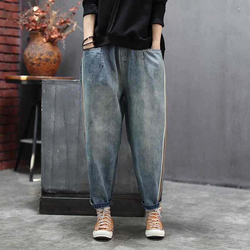 Artsy Side Striped Patchwork Jeans in deep blue with unique design