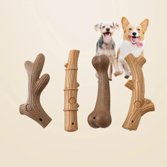 Small breed dog chew toy with dental cleaning features in antler design