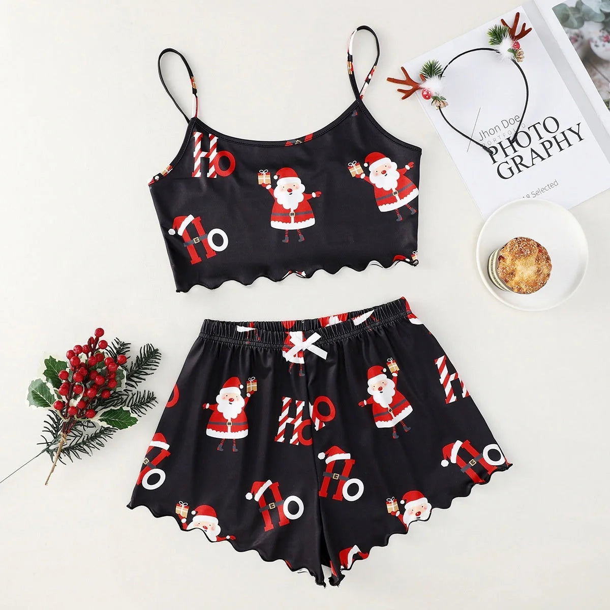 Women's Christmas-themed thin milk silk pajamas set with festive designs