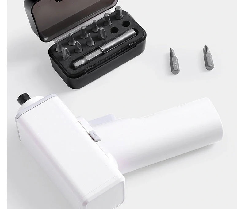 Compact white electric screwdriver with LED light and USB charging