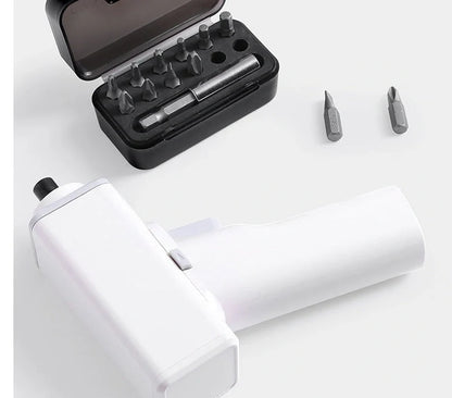 Compact white electric screwdriver with LED light and USB charging