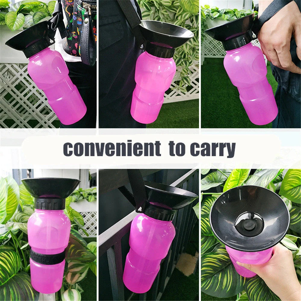 Portable pet water bottle with squeeze-feed bowl for dogs and cats