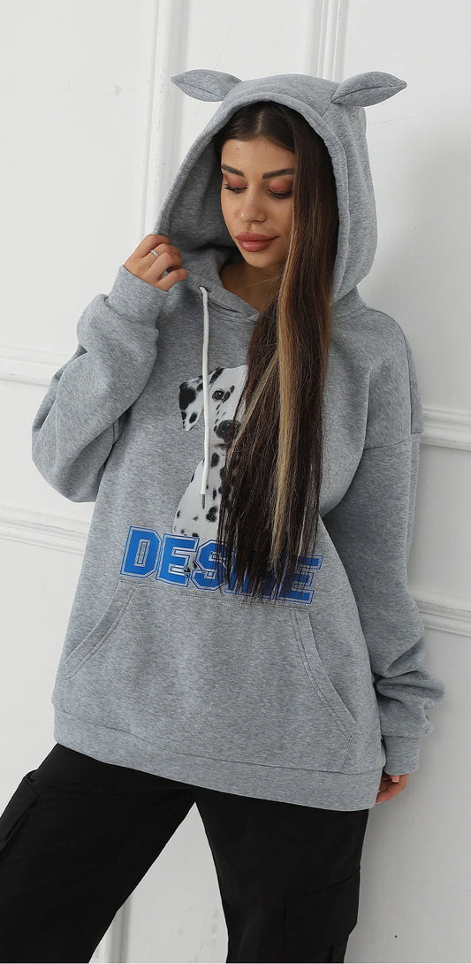 Stylish women's printed long sleeve sweatshirt in black, white, and grey