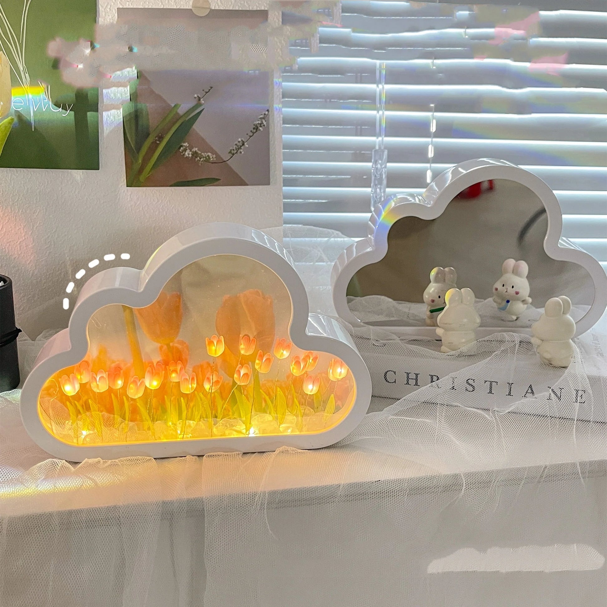 DIY Tulip Night Lamp in pink, purple, and blue with LED lights and decorative mirror feature