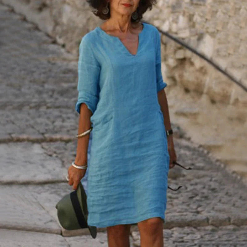 Retro high waist cotton-linen V-neck dress in various colours