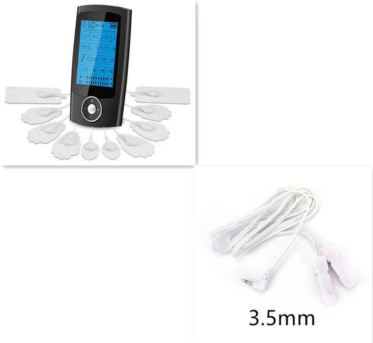 Digital physiotherapy TENS massager with 16 massage modes, adjustable intensity and timer, dual output channels, and compact design for pain relief and muscle relaxation