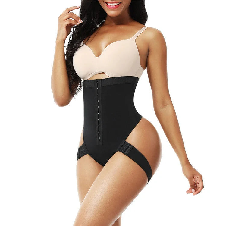 Seamless butt lifter control panties in black and skin tone, high-waist design for shaping and support