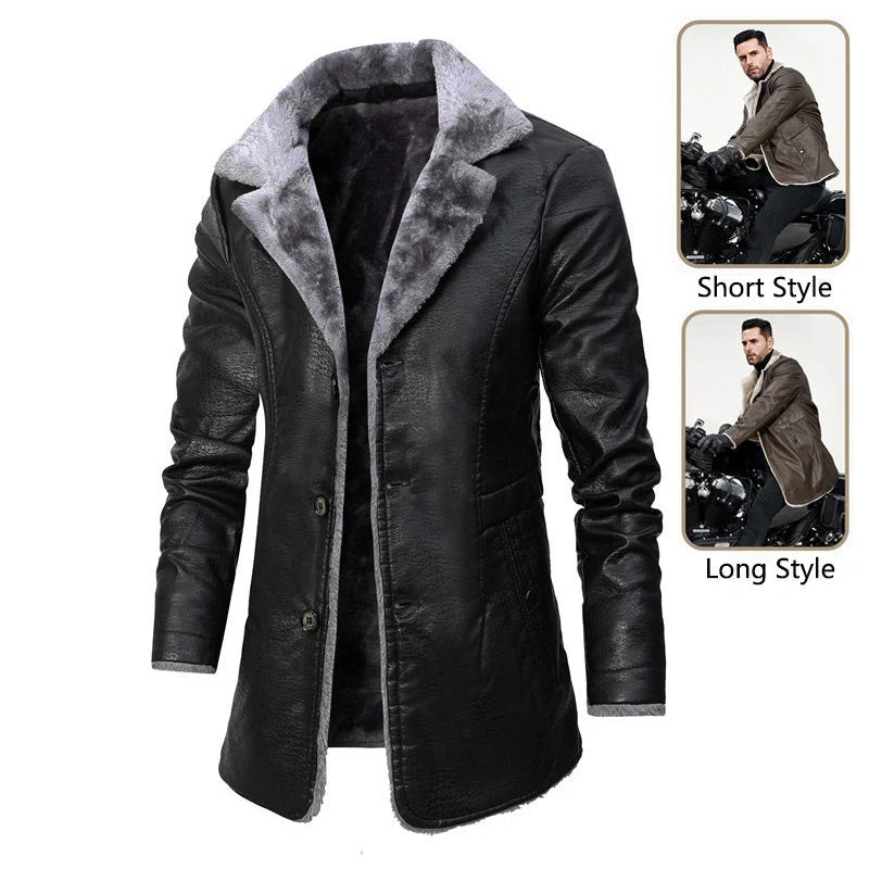 Men's winter plush lapel leather jacket with warm fleece lining in black and brown