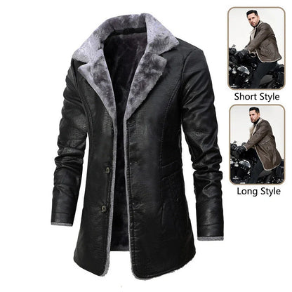 Men's winter plush lapel leather jacket with warm fleece lining in black and brown