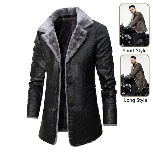Men's winter plush lapel leather jacket with warm fleece lining in black and brown