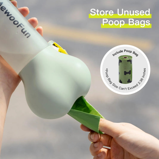 Mewoofun 2-in-1 leak-proof pet water bottle with adjustable strap and poop bag storage