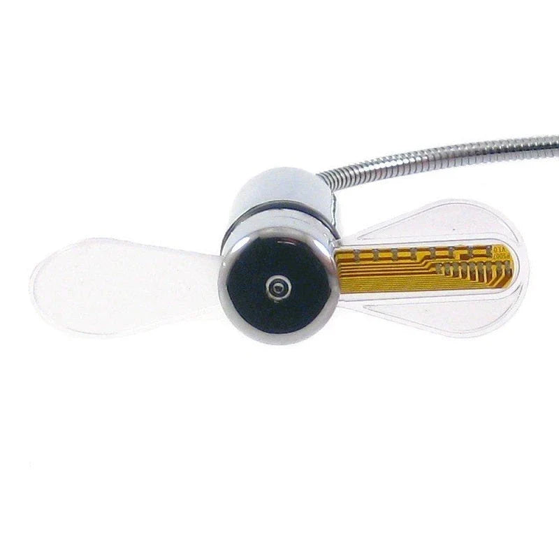 Adjustable USB desktop fan with LED light and digital clock, providing customizable airflow and workspace convenience