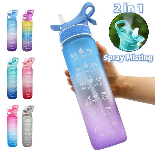 Convenient sports water bottle with straw and sprayer for hydration and cooling on-the-go