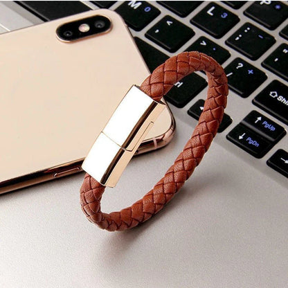 Stylish data cable bracelet in black, white, and brown colors with android, apple, and USB-C connectors