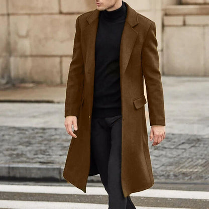 Premium woollen men's trench coat in a range of sophisticated colours, featuring a timeless British design and high-quality construction.