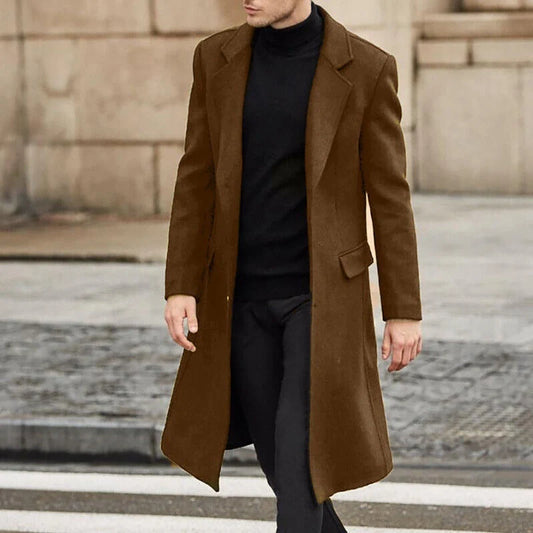 Premium woollen men's trench coat in a range of sophisticated colours, featuring a timeless British design and high-quality construction.