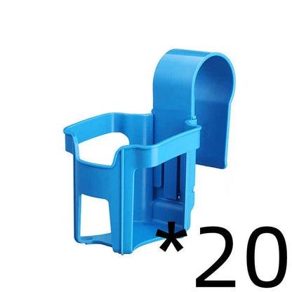 Poolside drink holder attached to the edge of a swimming pool, securely holding a variety of beverage containers.