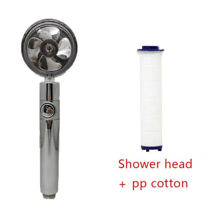 360-degree rotating high-pressure shower head with built-in fan and adjustable water spray