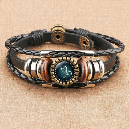 Stylish multilayer leather bracelet with zodiac sign artwork, suitable for men