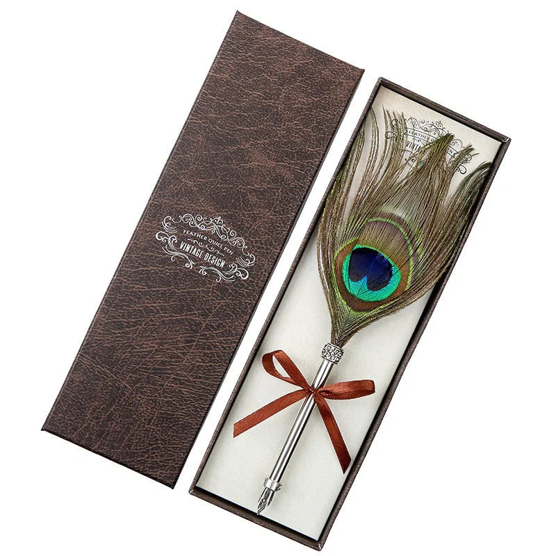 Elegant European-inspired feather pen in a luxurious gift box, showcasing its vintage-inspired design and premium stainless steel construction.