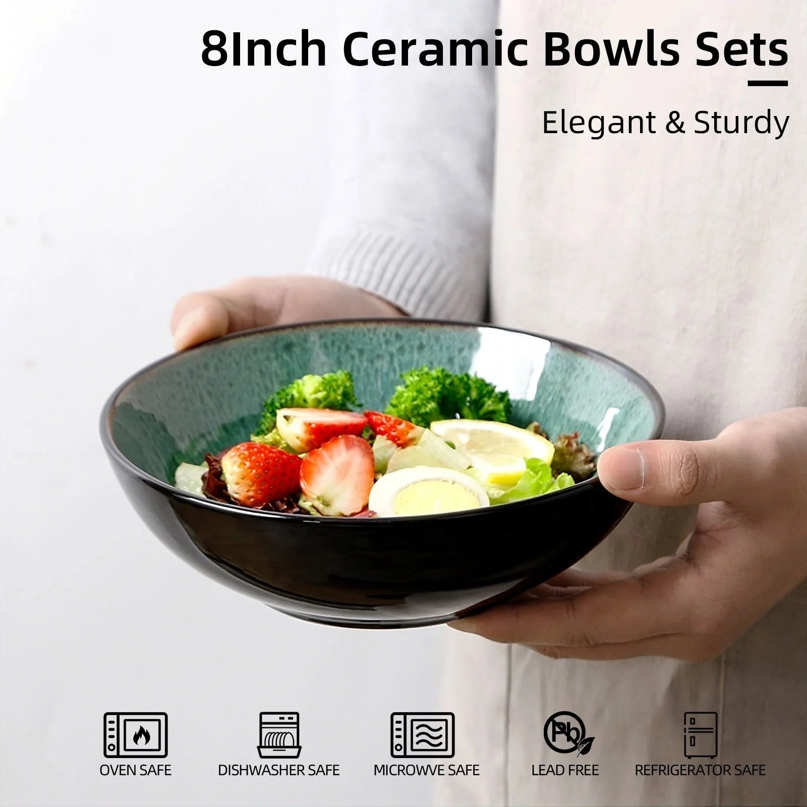 Set of four peacock green ceramic bowls with kiln change finish, 30oz capacity