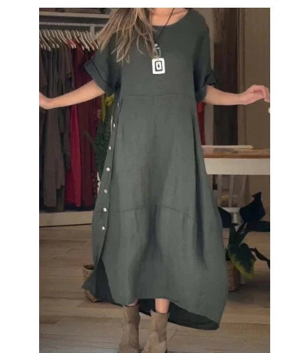 Loose casual short sleeve dress in cotton and linen with 3D effect, available in multiple colours