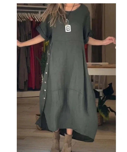 Loose casual short sleeve dress in cotton and linen with 3D effect, available in multiple colours