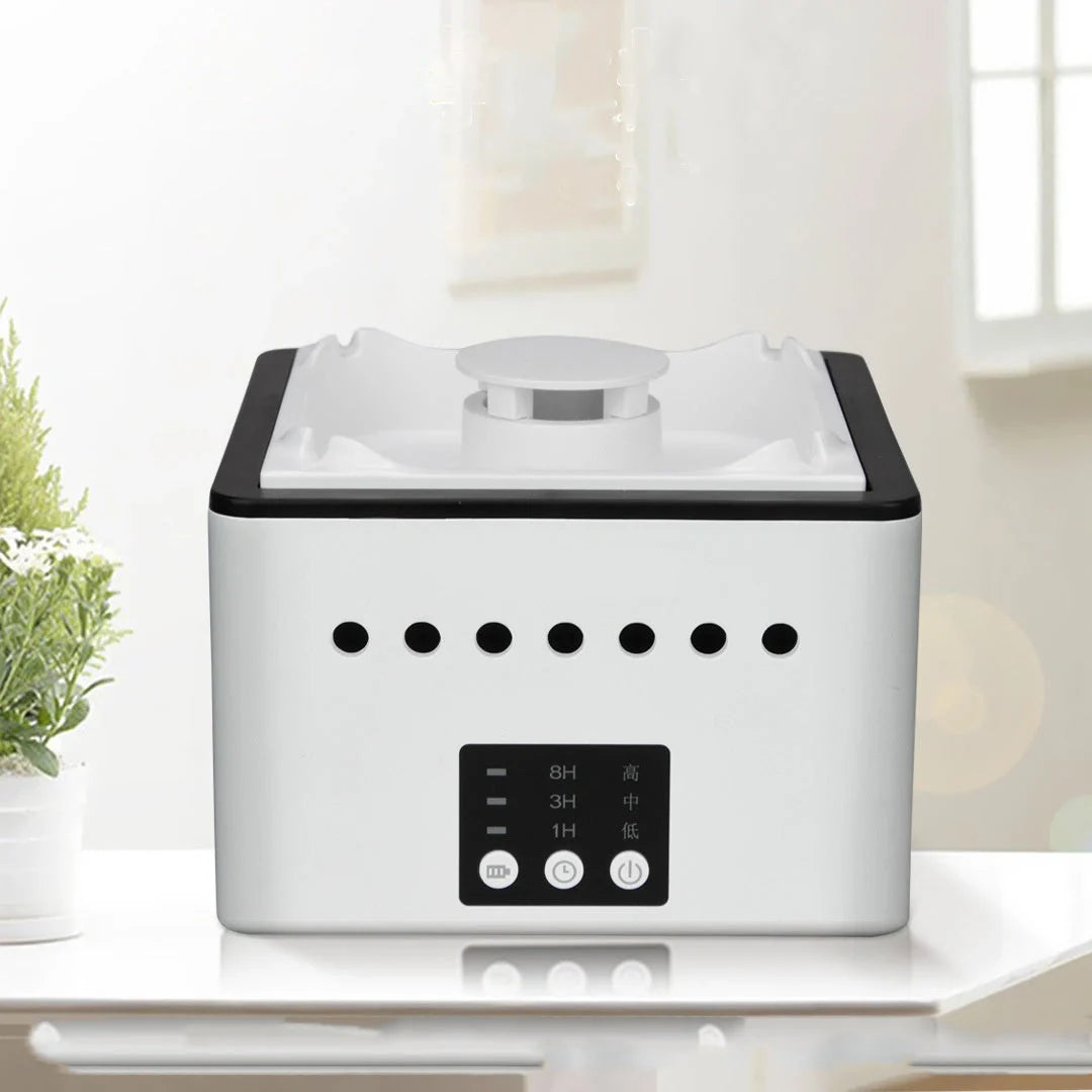 Mini ashtray air purifier in ceramic white, black, and blue with negative ion technology