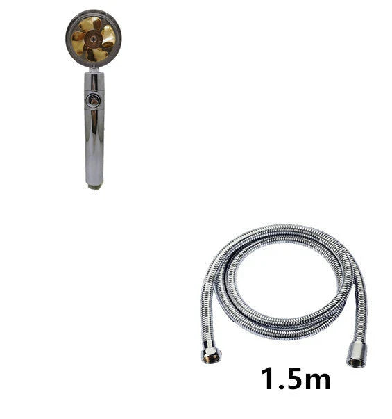 A high-pressure shower head with a stop button, cotton filter, and powerful water pressure for a luxurious bathing experience.