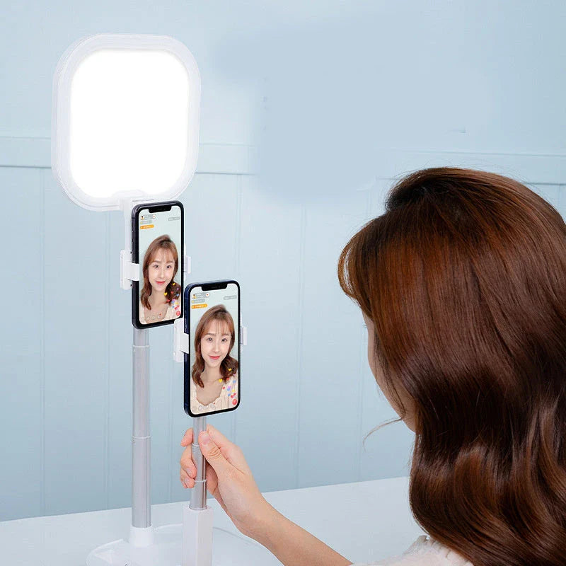 Adjustable live streaming mobile phone holder with wireless dimmable LED fill light for content creation and live broadcasts