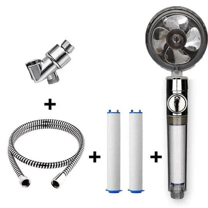 A high-pressure shower head with a stop button, cotton filter, and powerful water pressure for a luxurious bathing experience.